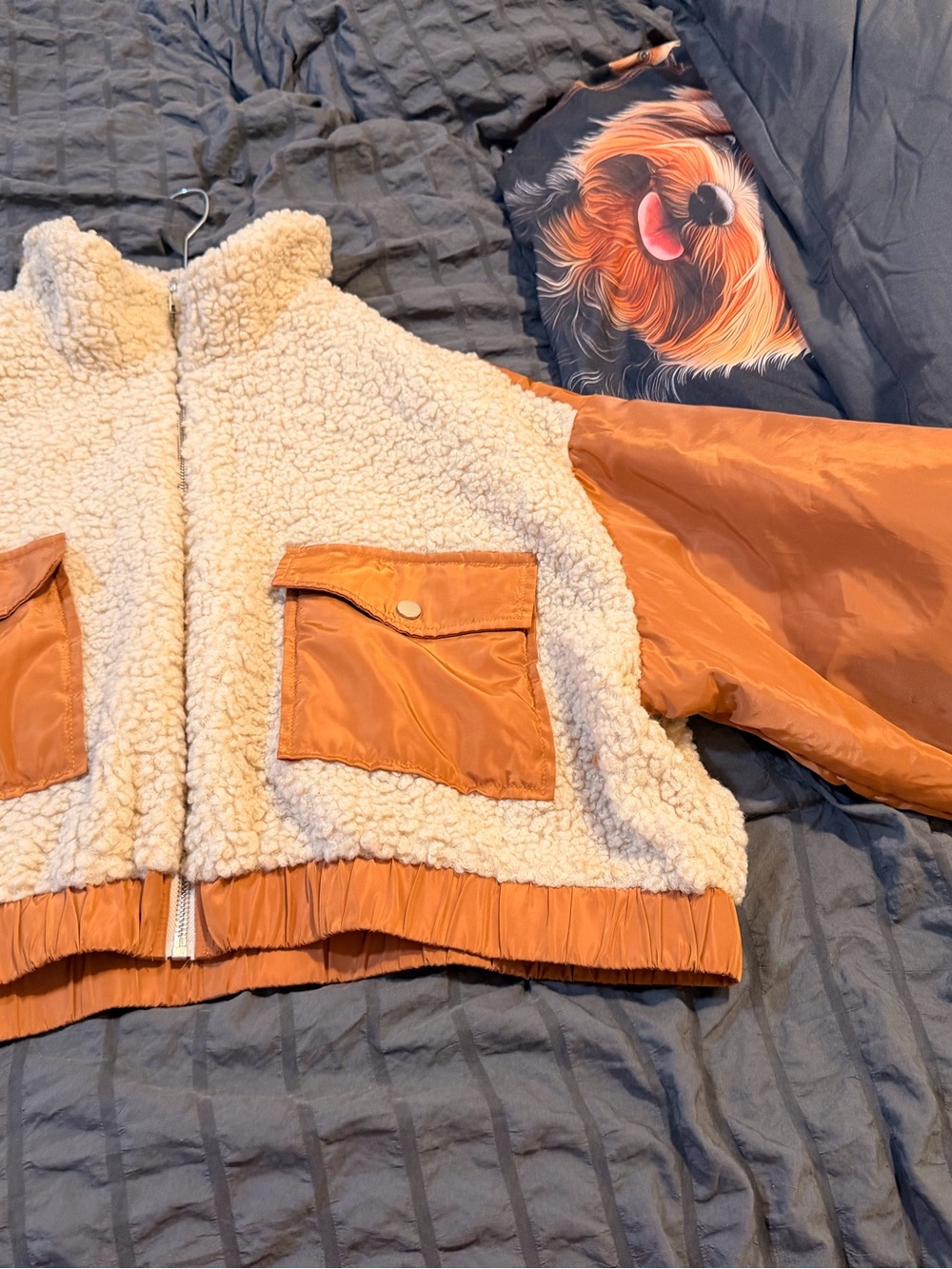 SHEIN Cream Sherpa Jacket with Rust Orange Nylon Accents